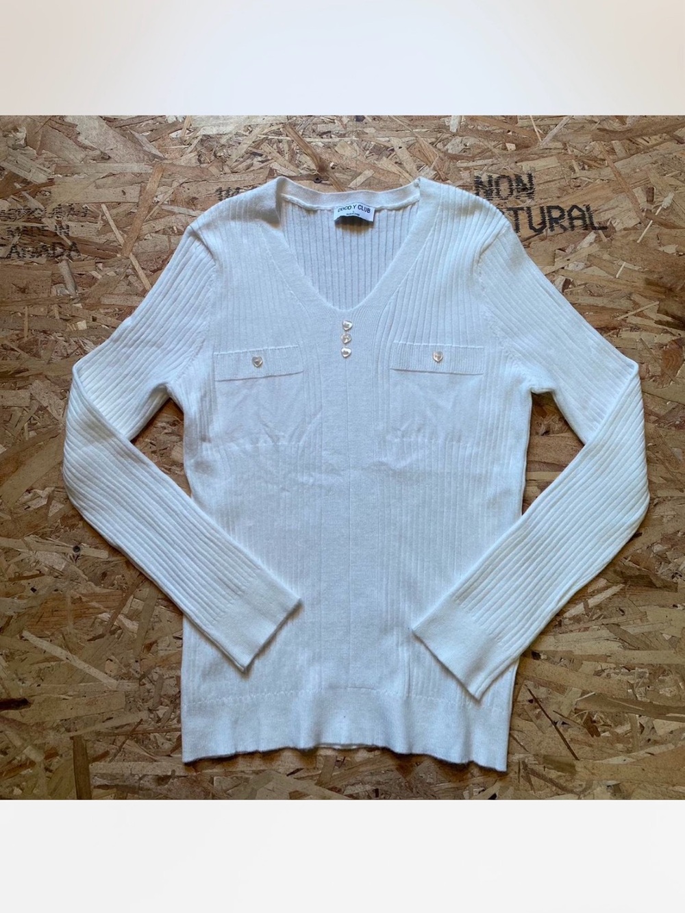 Cream V-Neck Ribbed Sweater with Heart Buttons